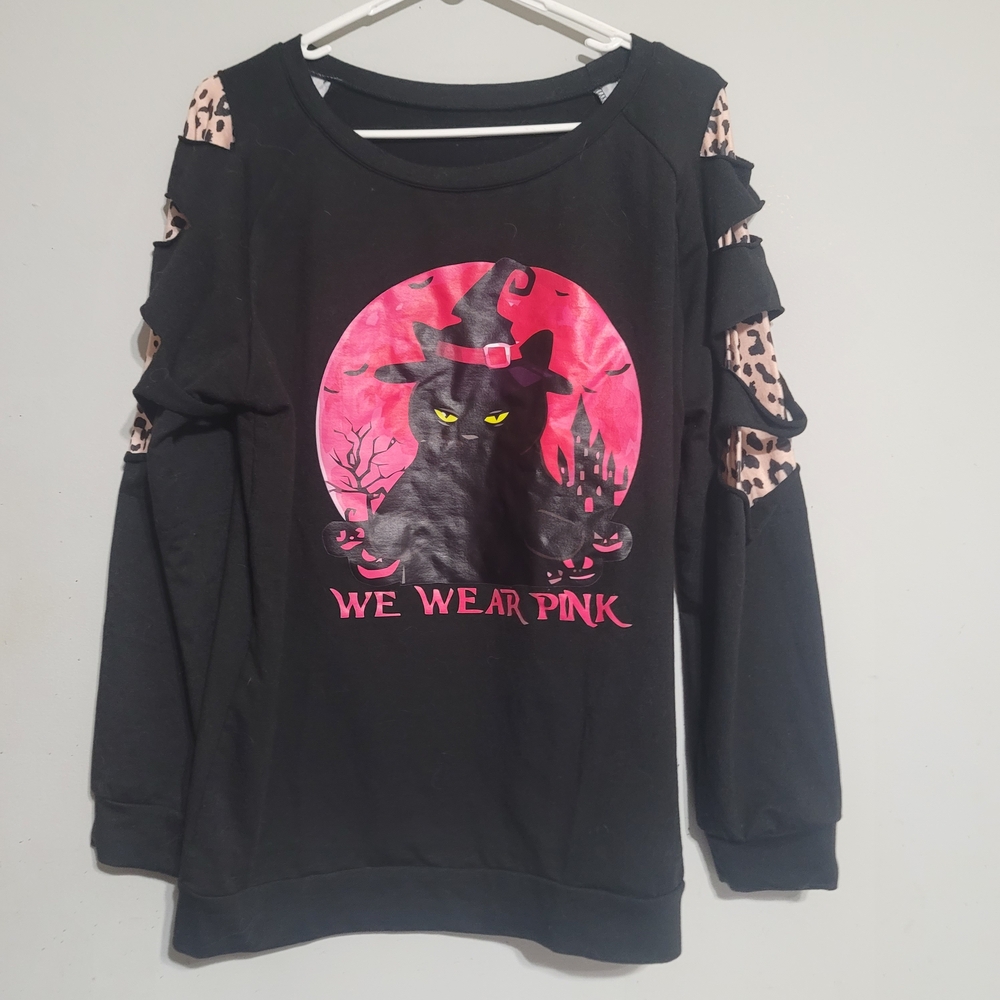 Womens Black Pink Sweatshirt‎ Witch Cat Wear Pink Leopard Cutout Sleeves Sz XL
